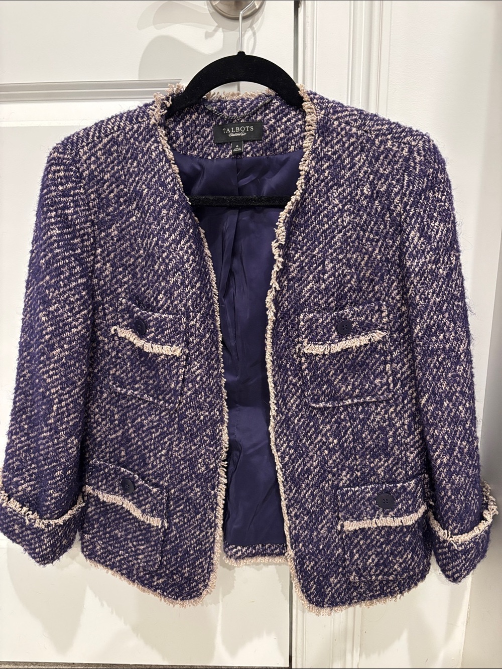 Talbots Purple Tweed Open Wool Alpaca Mohair Fringe Blazer 6
